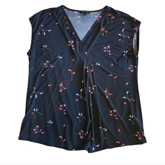 Lane Bryant Surplice Floral Blouse Black Short Sleeve Plus Size 14/16 Stretch - Picture 2 of 8